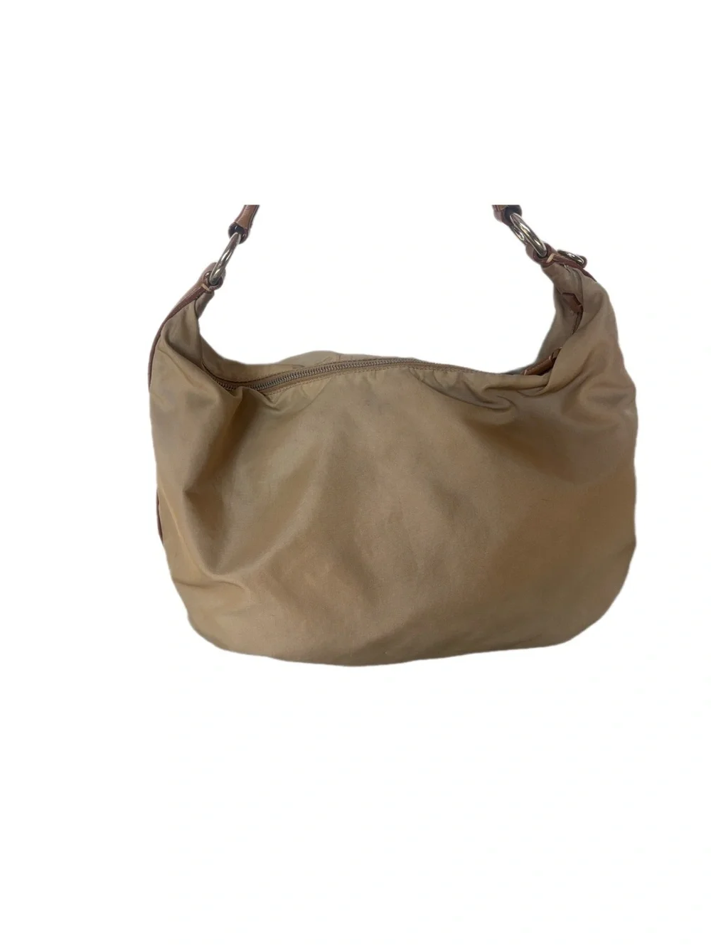 Vintage Prada Tessuto hobo bag crafted from beige/khaki nylon with leather strap